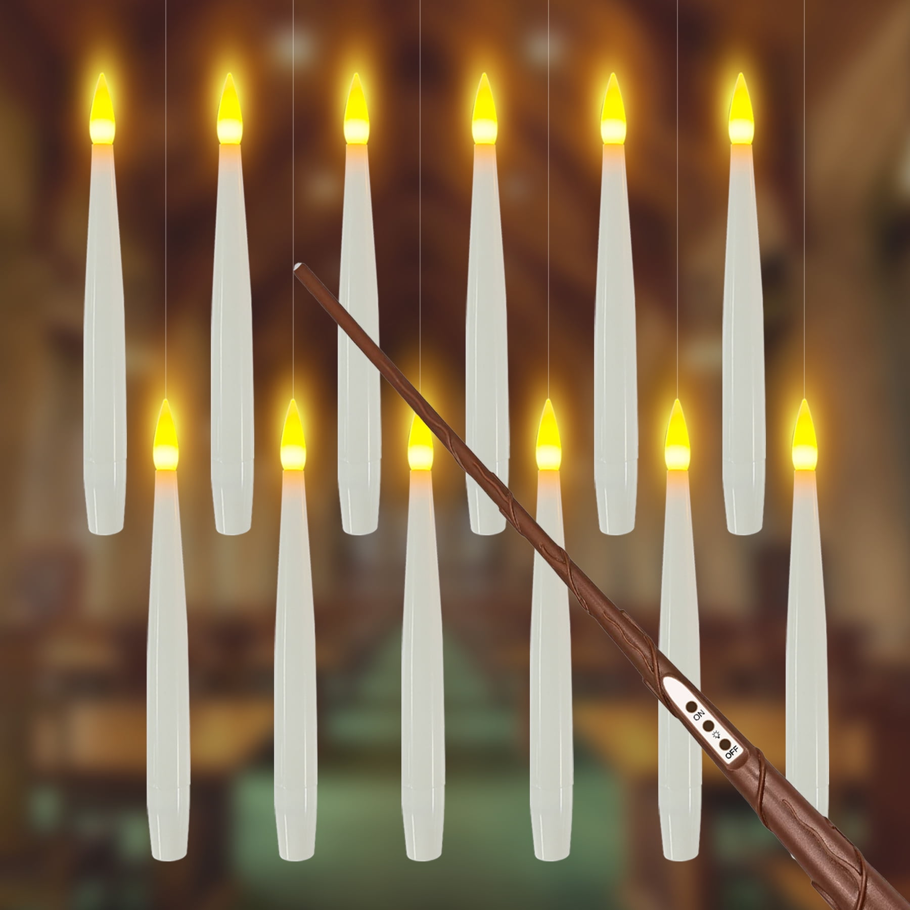 12PCS Floating Candles with Wand, Harry Potter Magic Hanging Candles, Warm Light Battery Operated, for Kids Birthday Gift Party Decorations